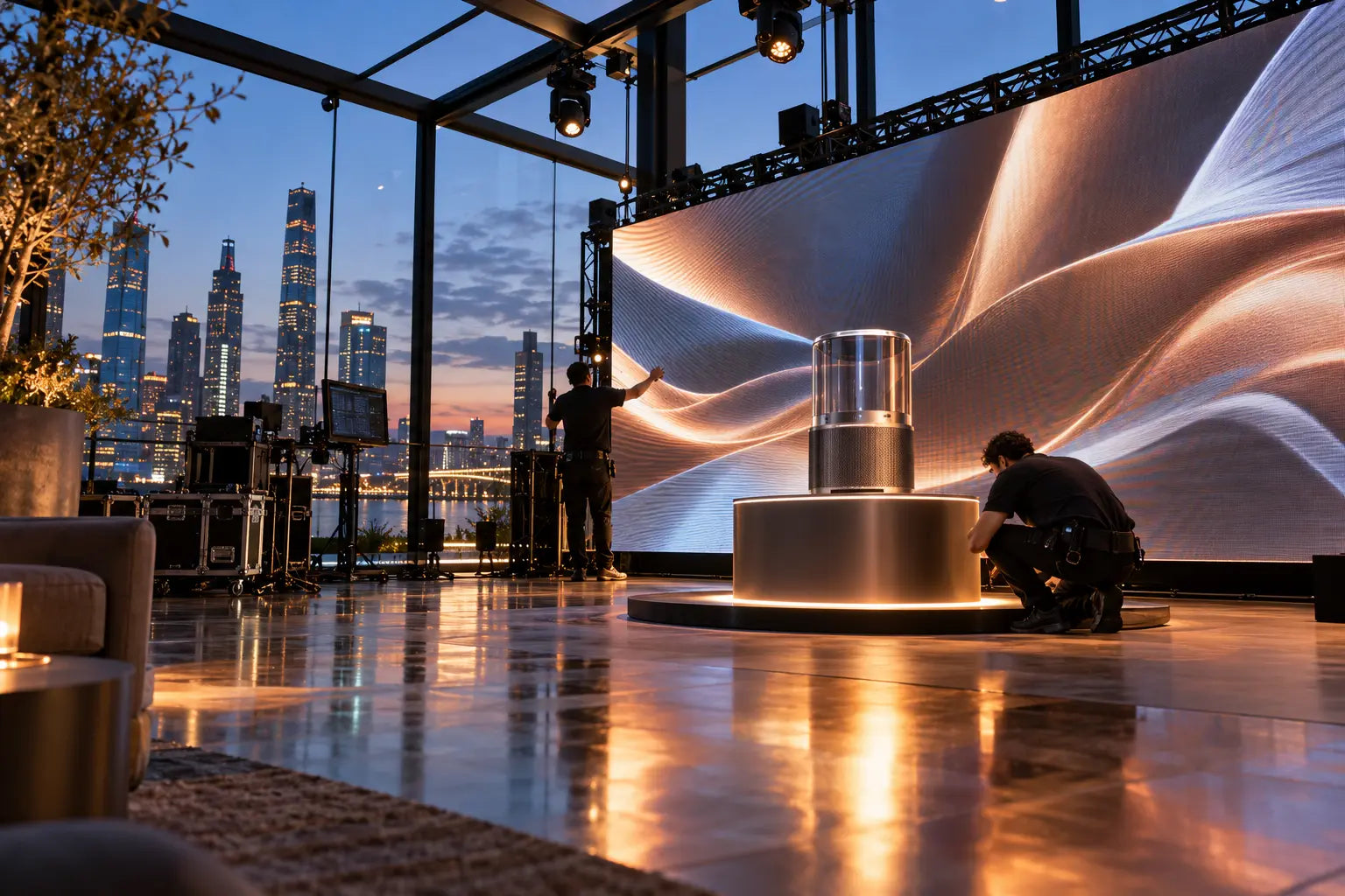 Brand presentation rehearsal in a rooftop pavilion