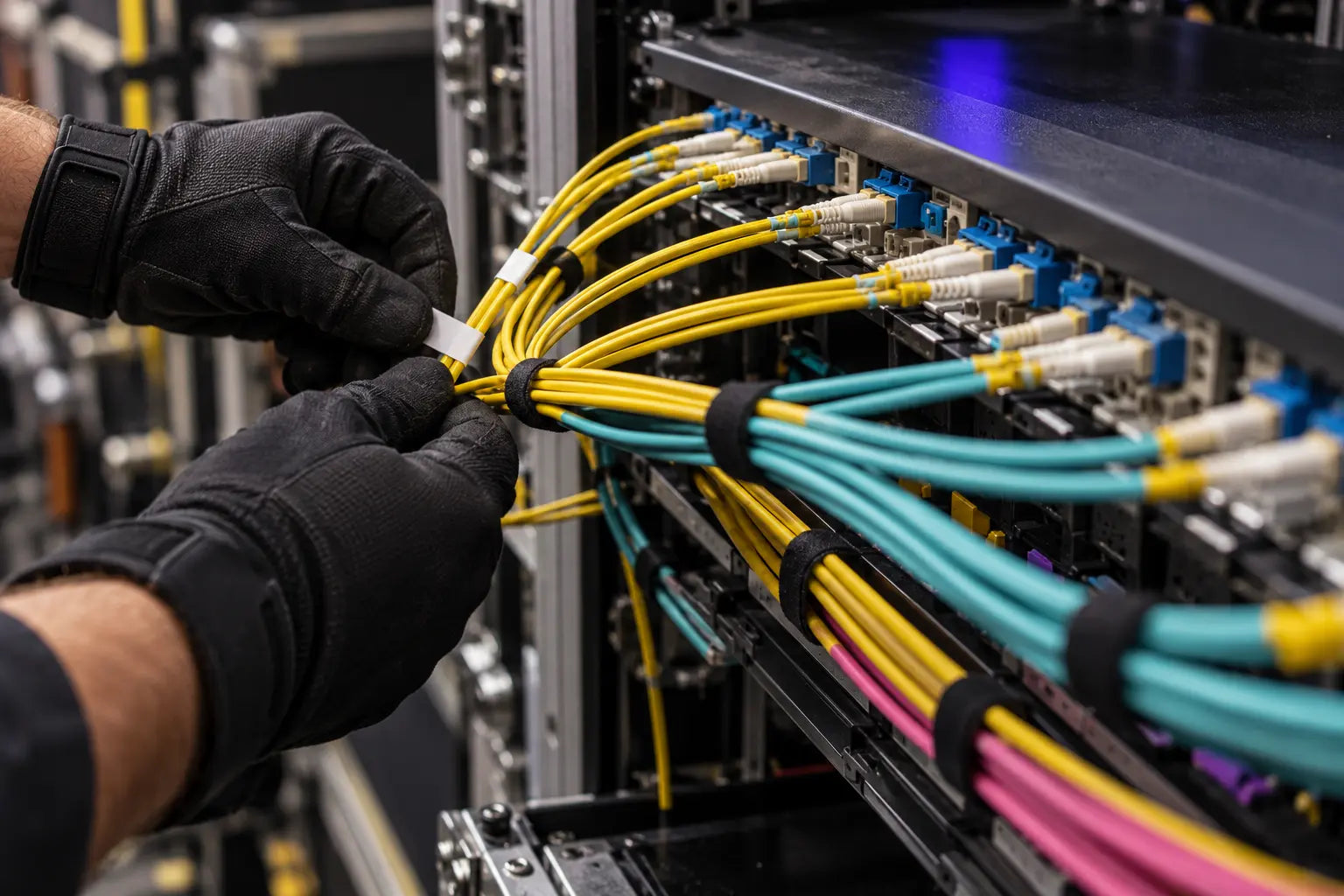 Technician organizing signal connections