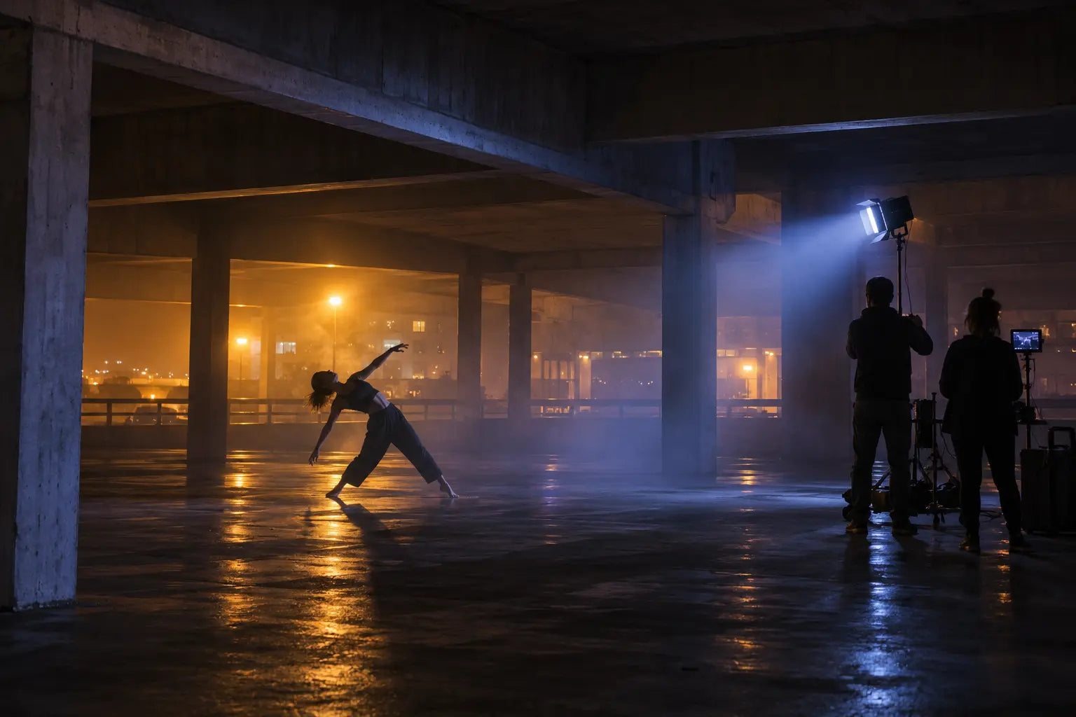 Independent dance film production in a parking structure
