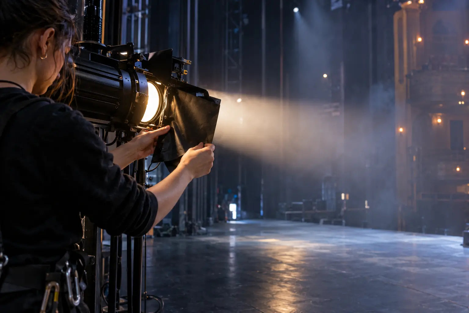 Lighting technician shaping a stage beam
