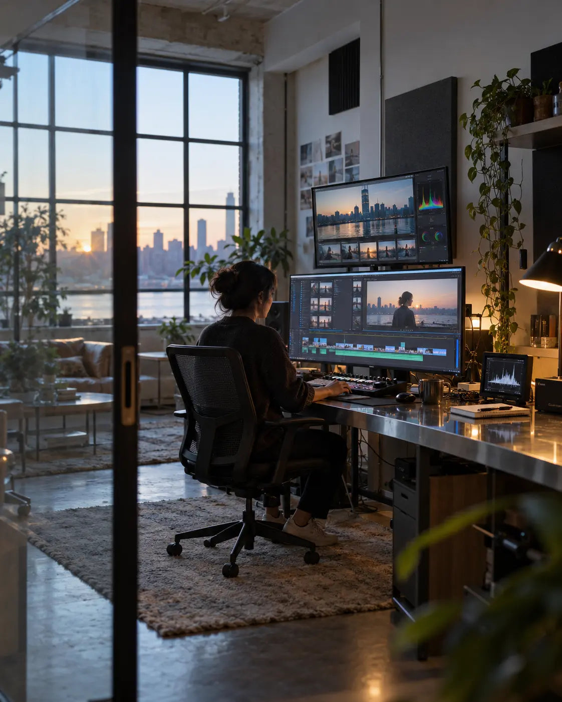 Editor working in a daylight post-production studio