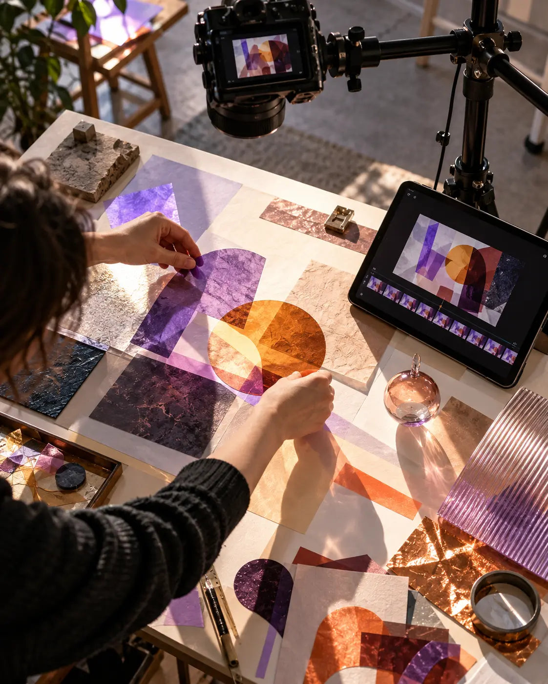 Motion designer building promotional media with translucent materials