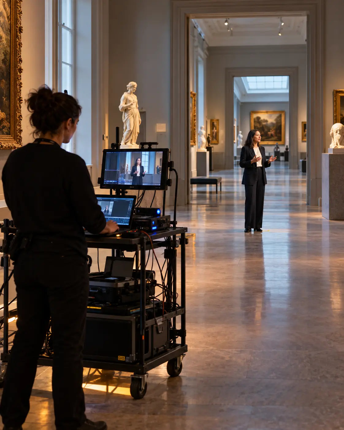 Virtual event rehearsal in a museum gallery