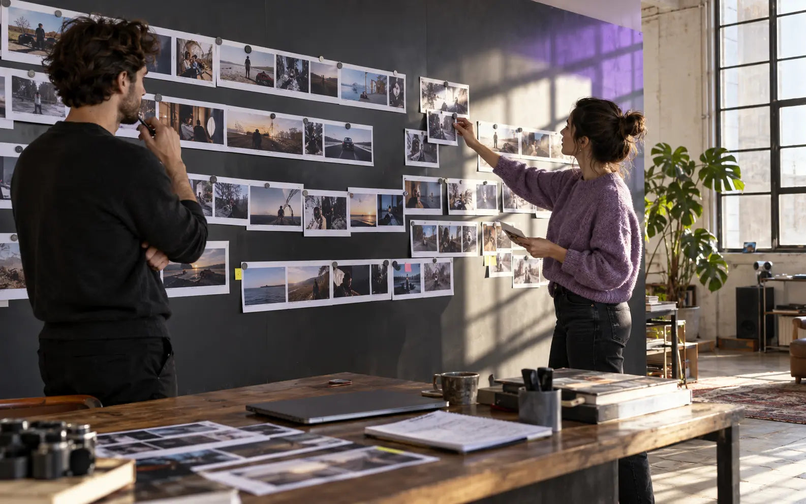 Producer and editor arranging a visual sequence